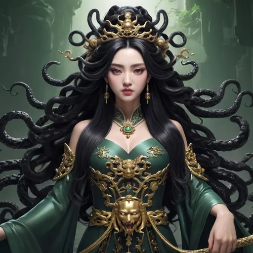 Prompt: Chinese version of Queen medusa from 斗破苍穹. She have black hair.