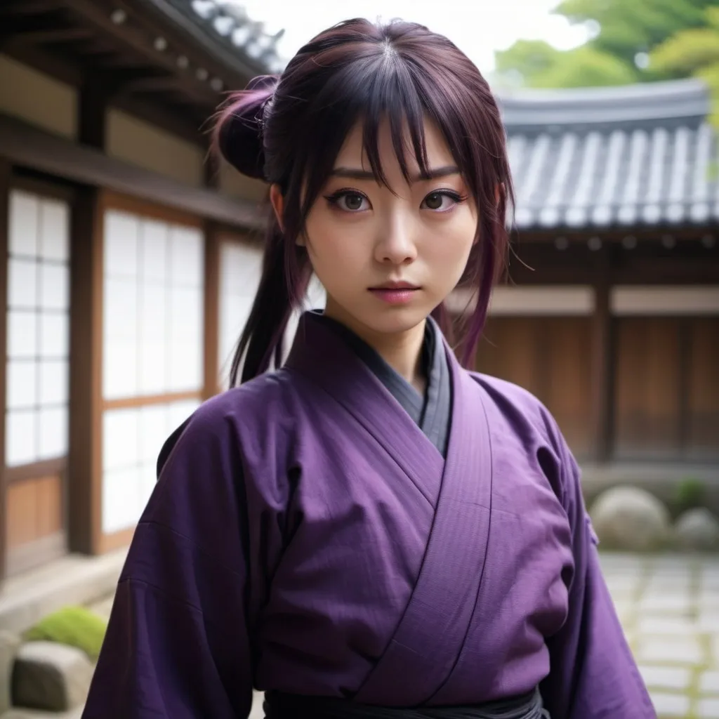 Prompt: Beautiful japanese ninja that looks like yui hatono, big eyes with long lashes, dressed in purple ninja suit, in the courtyard of a ancient japanese residence, cinematic, 4k high definition,