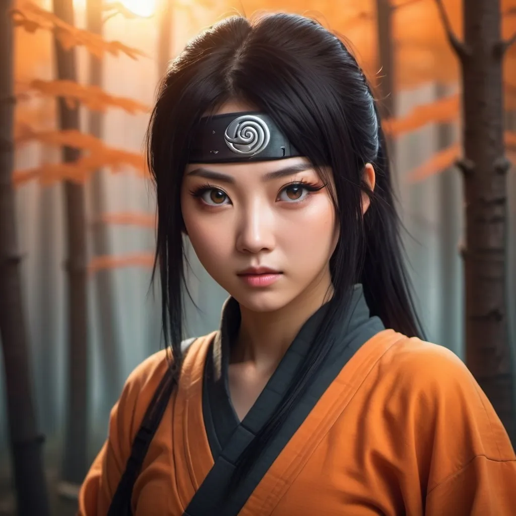 Prompt: Beautiful Chinese lady in ninja attire. Big eye, long lashes, slightly blushing. Conjuring rasengan skill from naruto. Wood lands at dawn. Cinematic, 4k high definition