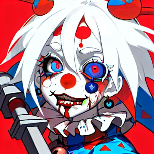 Prompt: a clown with white hair and one red eye one blue, very colorful clown outfit with occasional pentagrams or other unholy symbols , holding a really big inflatable hammer with blood in the shape of a pentagram on it, her face is pale with freckles and has blood splattered on it