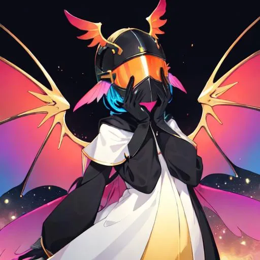 Prompt: An eldritch angle, wearing a helmet that covers their whole face, bright and vibrant colors, gigantic wings almost double their size, mostly warm colors such as golds reds and oranges