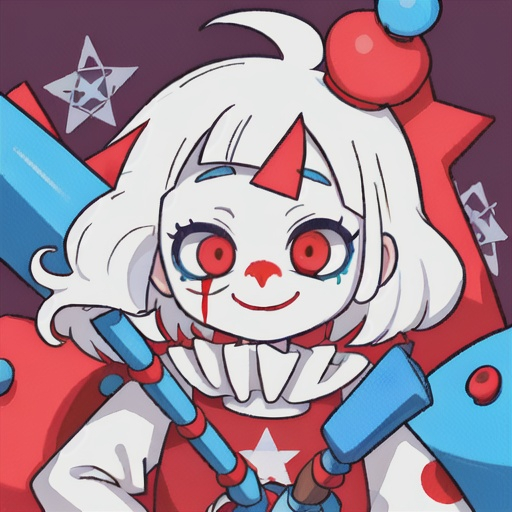 Prompt: a clown with white hair and one red eye one blue, very colorful clown outfit with occasional pentagrams or other unholy symbols , holding a really big inflatable hammer with blood in the shape of a pentagram on it, her face is pale with freckles and has blood splattered on it