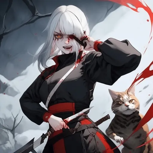 Prompt: A hunter with one eye scared being completely white she's holding a sharp sword and she is excited, blood is floating around her like an aura