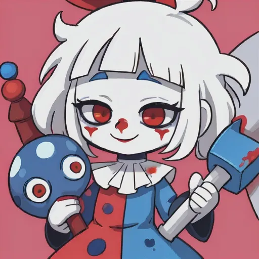 Prompt: a clown with white hair and one red eye one blue, very colorful clown outfit with occasional pentagrams or other unholy symbols , holding a really big inflatable hammer with blood in the shape of a pentagram on it, her face is pale with freckles and has blood splattered on it