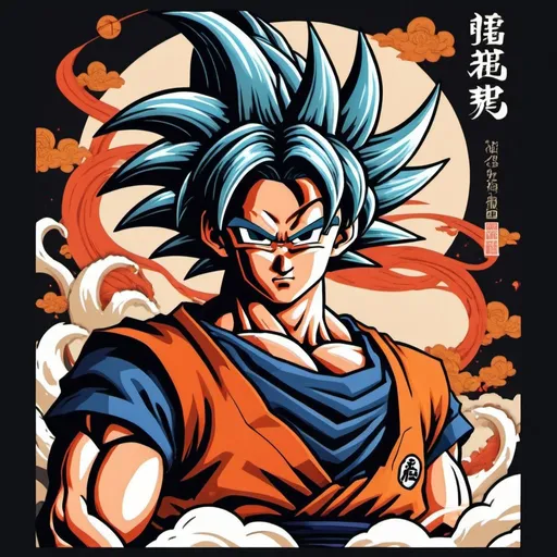 Prompt: A striking and dynamic creative design for a Dragonball Z t-shirt. The shirt features a dramatic 3D render of a powerful Super Saiyan character with a dark, mystical aura. The character's muscles are highlighted, and their hair stands on end, creating a sense of immense power. The background incorporates elements of ukiyo-e art, with a mix of vivid colors and bold lines. The typography is bold and eye-catching, with a cinematic feel. Overall, the design perfectly captures the essence of dark fantasy and anime, making it a must-have for any dedicated fan., photo, anime, ukiyo-e, painting, 3d render, cinematic, illustration, typography, product, fashion, dark fantasy