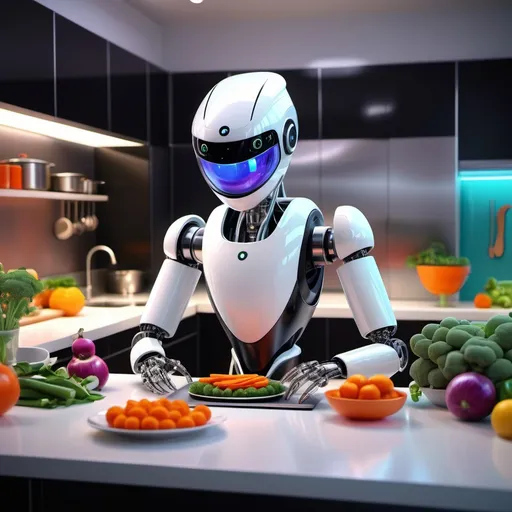 Prompt: (robotic vegan culinary robot), (futuristic kitchen), bright colors, playful design, high-tech cooking gadgets, warm and inviting ambiance, vibrant food elements, healthy ingredients arranged artistically, smooth metallic surfaces, ultra-detailed, 4K quality, imaginative concept blending technology and vegan cooking.