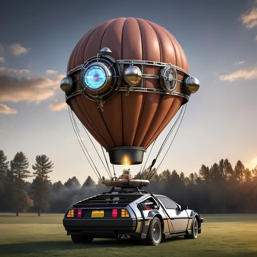 Prompt: A technological reinvention of a hot air balloon, redesigned in the style of the DeLorean from "Back to the Future," blending classic 19th-century elements with futuristic science-fiction engineering. Instead of a conventional fire-powered balloon, this model features a central turbine embedded where the burner would normally be, generating hot air through technological propulsion, with light-up rings and chrome details. The balloon is reinforced with curved metal panels, like a steampunk capsule fused with advanced technology. From the basket, which has been transformed into a reinforced capsule of metal alloy and fique fiber, four large, symmetrical drone propellers emerge, spinning with blue energy, enabling precise aerial maneuvers. The propellers are mounted on articulated arms that can be folded.