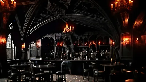 Prompt: cinematic: an old gothic pub; landscape view facing towards the bar: old tattered drapes, gothic candelabra, dark, dreary, dusty, caskets, nighttime, 