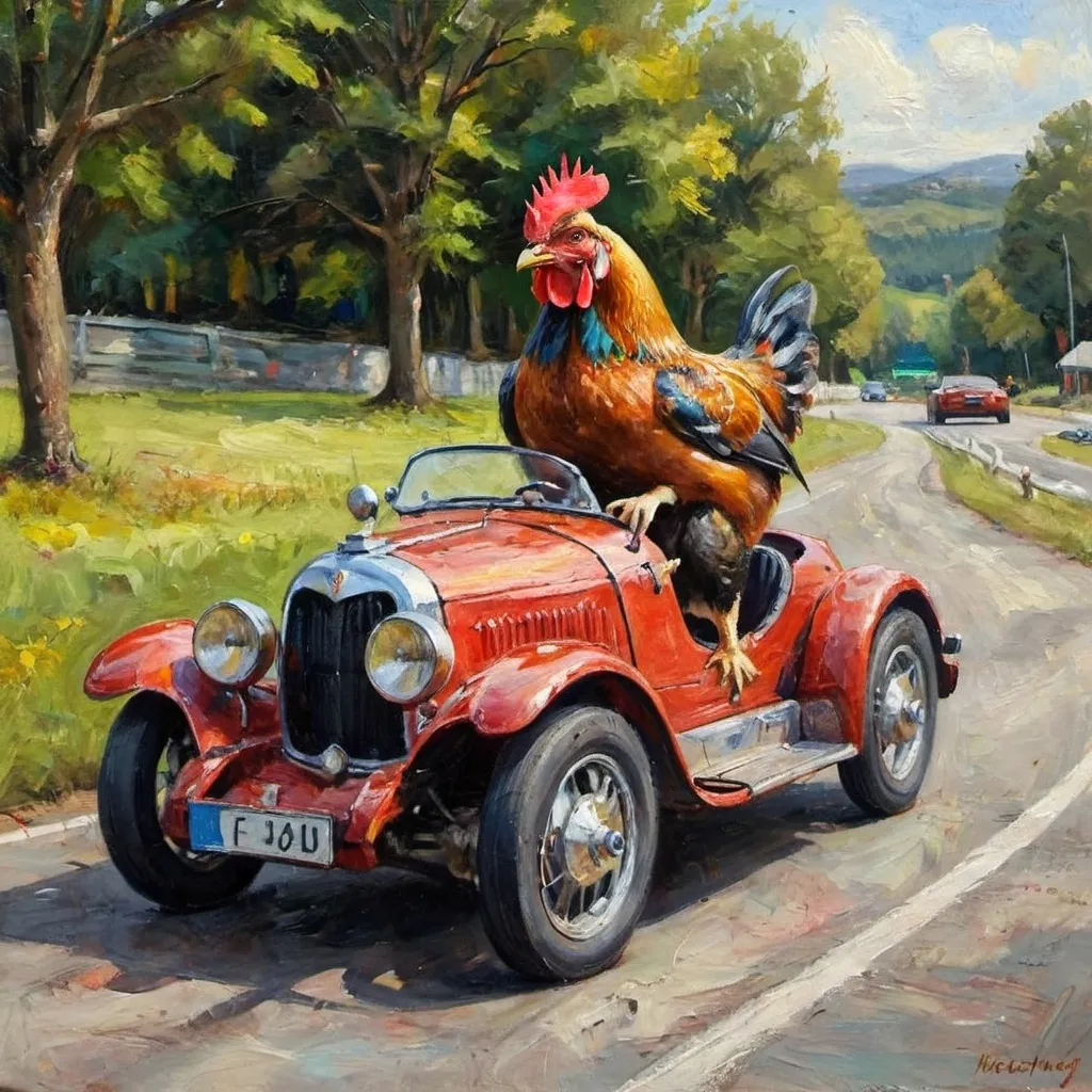 Prompt: a hen driving on sports car