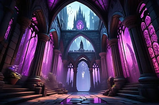 Prompt: A dungeons and dragons underground city that is reminiscent of the US city Alanta. its filled with a soft purple and pink glow, stain glass in all the windows. center street view 