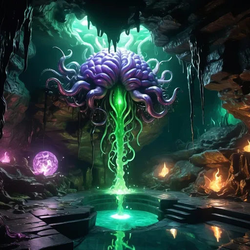Prompt: (fantasy style dungeons and dragons ) a deep spooky cave on the wall their are bright glowing arcane sigils, in the center a jagged glowing pool of green magical liquid, emerging from the pool is a gaint rotting brain that is oozing black oil, from the brain stem countless tentacle are reaching out towards the viewer, the brain looks like a giant human brain,  color scheme is black and purple and blue
**sharpness** and realism, **fantasy art** elements, intricate  details,  (4K) ultra-detailed, HD, trending on artstation, cinematic masterpiece, right of center, right side focus