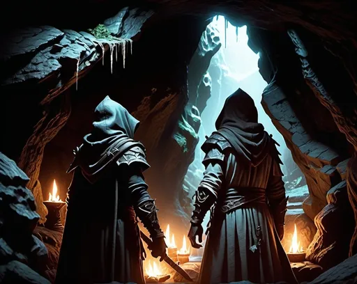 Prompt: (fantasy style dungeons and dragons ) 3 hooded figures with their backs turned to the camera in a cave conducting a dark ritual

**sharpness** and realism, **fantasy art** elements, intricate  details,  (4K) ultra-detailed, HD, trending on artstation, cinematic masterpiece.