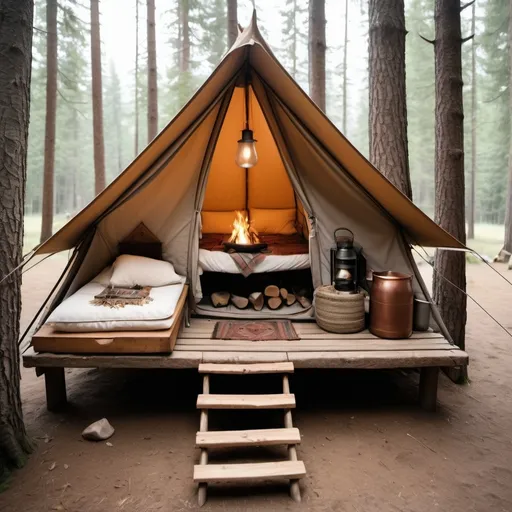 Prompt: Exterior: The tent should appear as a normal canvas tent from the outside, with a rustic, weathered look. The tent can be any color, though a neutral, earthy tone would best emphasize its unassuming appearance.

Interior: The inside of the tent should be shown as a cozy, rustic cabin with dimensions of 30 ft x 25 ft. Include the following elements:

Bunk Beds: Up to three bunk beds, each with simple, sturdy frames and comfortable bedding.
Leather Sofa: A comfortable leather sofa, perhaps with some throw pillows.
Fireplace: A medium-sized fireplace, with a small fire burning inside and space on top for cooking.
Washroom: A small, quaint washroom, possibly with a wooden washbasin and simple amenities.
Lighting: The interior can be shown with dim, warm lighting, or a darkened atmosphere depending on your choice.
Decor: Add rustic decorations such as wooden furniture, woven rugs, lanterns, and perhaps some personal items like books or a traveler's gear.
Atmosphere: The interior should look comfortable and dry, regardless of any harsh weather conditions visible outside the tent.

Magical Barrier: Indicate the magical properties by having a faint, translucent barrier at the tent's entrance, hinting at the magical protection that prevents unauthorized creatures and objects from entering.
