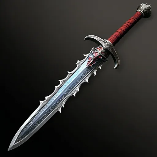 Prompt: Appearance: The longsword should have an elegant and sharp design, with intricate engravings along the blade and hilt, possibly depicting ancient runes or mythical symbols. The blade should gleam with a slight, magical aura, indicating its enchantment.
Properties: Emphasize the magic of the sword by adding a subtle glow or shimmer around the entire weapon.
Special Effects: Show the sword ignoring resistance to slashing damage by illustrating it cutting through a tough, armored surface with ease.
Bleeding Effect: Depict the bleeding effect by having a small scene where the sword has struck a creature. Show the wound glowing slightly with the same magical aura, and a trickle of spectral blood to indicate the ongoing bleeding damage. The creature should appear pained and marked by the deep wound.