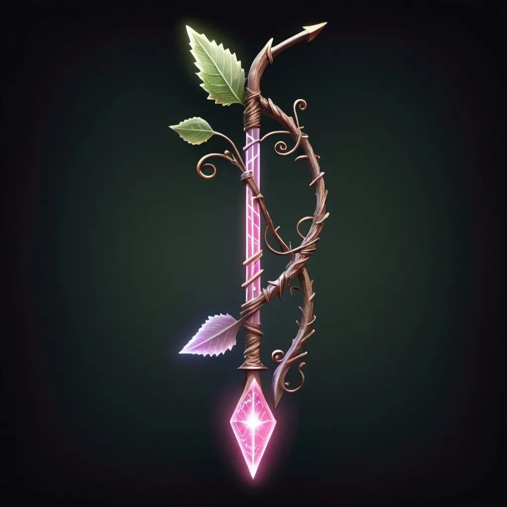 Prompt: Create an image of an unbreakable arrow imbued with the healing powers of the Goodberry spell. The arrow should be glowing with a raspberry pink spectral light. The arrow itself has intricate, natural designs reminiscent of vines and berries, giving it an organic feel. The glowing light should make the arrow appear almost magical and ethereal. . no background