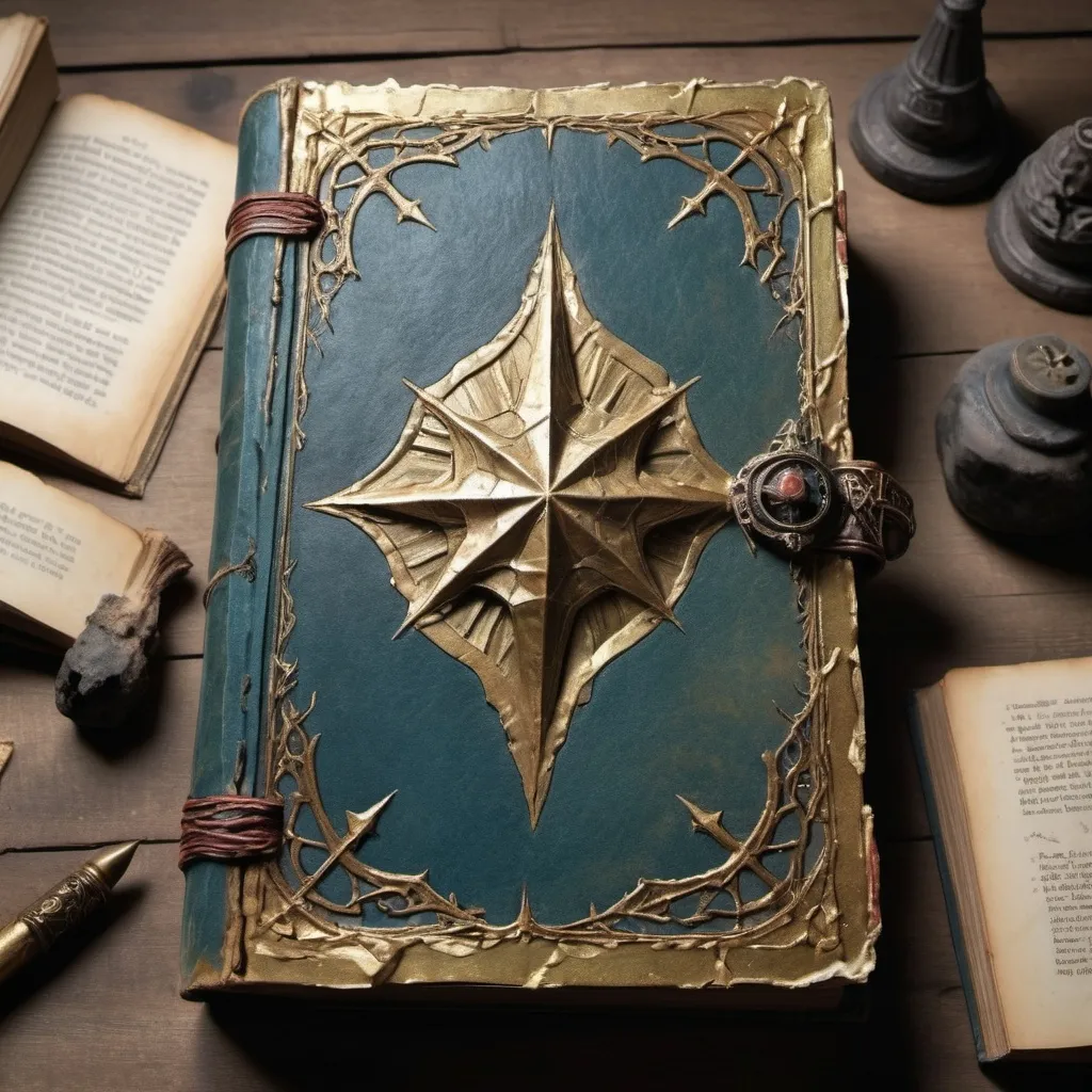 Prompt: A bedraggled book that once was a masterpiece of craftsmanship. Its gilded edges are now worn and scratched, and its beautifully illustrated pages are dog-eared and faded. Despite its tattered appearance, the book radiates a faint, mysterious aura. in the style of a magic item dungeons and dragons style