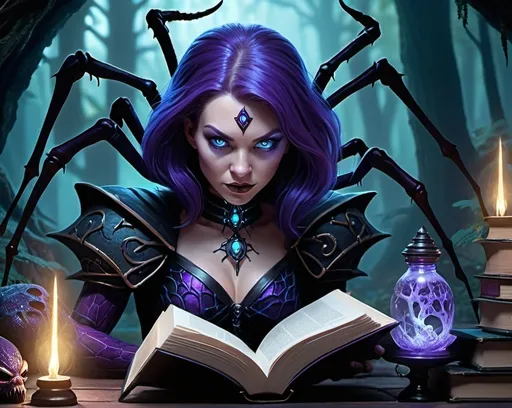 Prompt: (fantasy style dungeons and dragons monster), top half is a pretty female librarian, bottom half is a black widow spider, cool color scheme, detailed silk threads, misty forest background, glowing blue and purple bioluminescent fungi, dark and mysterious atmosphere, high detail spider texture, **sharpness** and realism, **fantasy art** elements, intricate librarian details, spellbound books floating around, (4K) ultra-detailed, HD, trending on artstation, cinematic masterpiece.