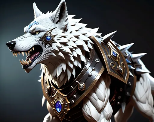 Prompt: (fantasy style dungeons and dragons monster)a war wolf mount. the wolf is wearing detailed leather armor and bridal, ready to be ridden by a warrior  **sharpness** and realism, **fantasy art** elements, intricate librarian details, spellbound books floating around, (4K) ultra-detailed, HD, trending on artstation, cinematic masterpiece.