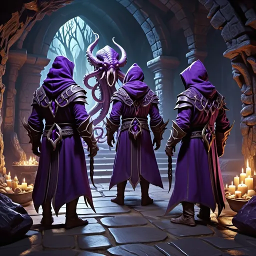 Prompt: (fantasy style dungeons and dragons ) three hooded figures with their backs turned to the camera, you can see tentacles silhouetted near their heads, they are wearing dark purple robes and preforming a evil ritual  
**sharpness** and realism, **fantasy art** elements, intricate  details,  (4K) ultra-detailed, HD, trending on artstation, cinematic masterpiece, 