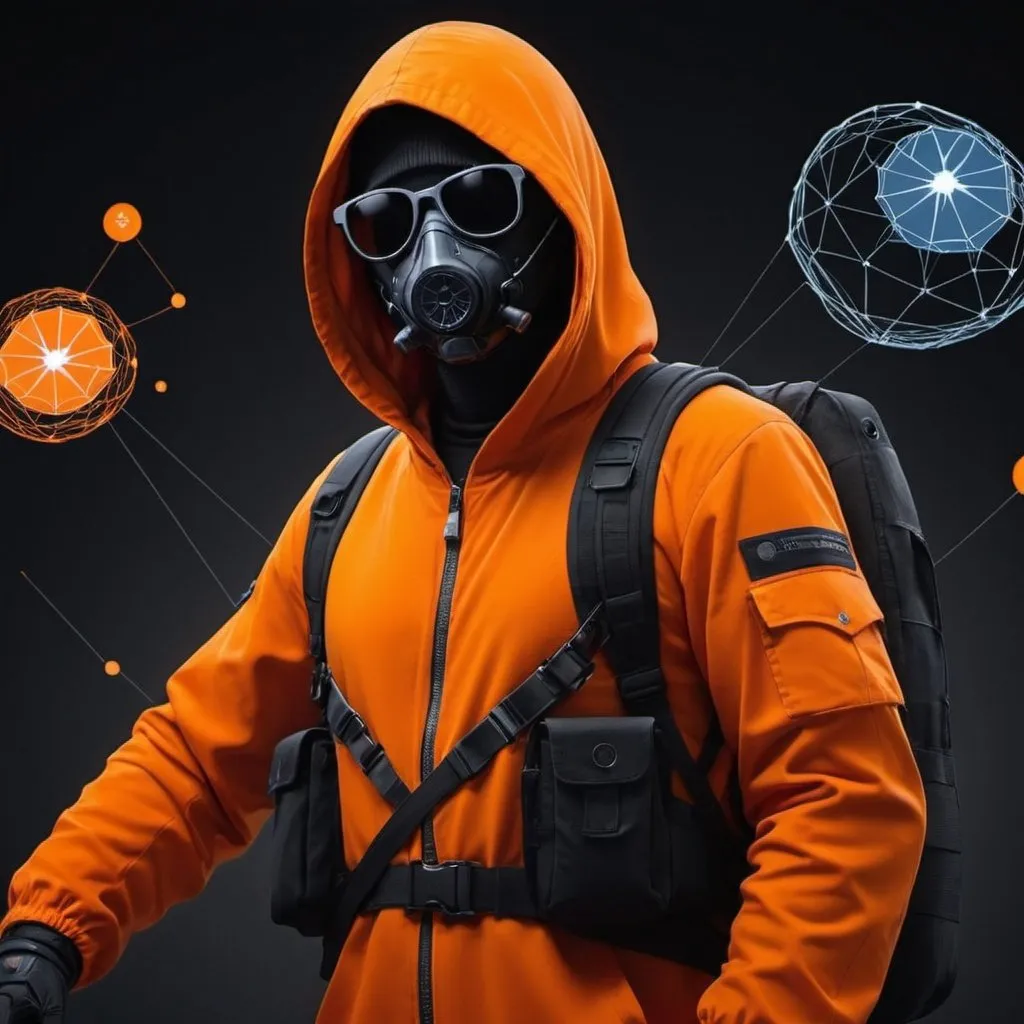 Prompt: airdrop hunter in orange universes which are connected each others with black blockchains