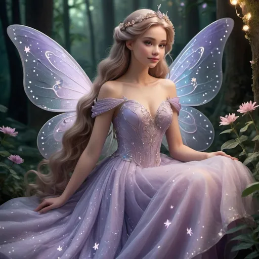 Prompt: Create a female fantasy character in Disney style. She is an elegant fairy with a whimsical and enchanting appearance. She has long, flowing hair in a shade of lavender with delicate, shimmering strands that resemble stardust. Her eyes are large and expressive, a deep, sparkling violet with a touch of magic. She wears a gown made of iridescent petals in soft pastel colors, with delicate, translucent wings that have a subtle glow. The gown is adorned with tiny, twinkling stars and moon motifs. Her delicate wings are butterfly-shaped, with intricate, glittering patterns. She has a gentle, kind smile and an aura of grace and magic. The background is a lush, enchanted forest with glowing flora and soft, ambient light.