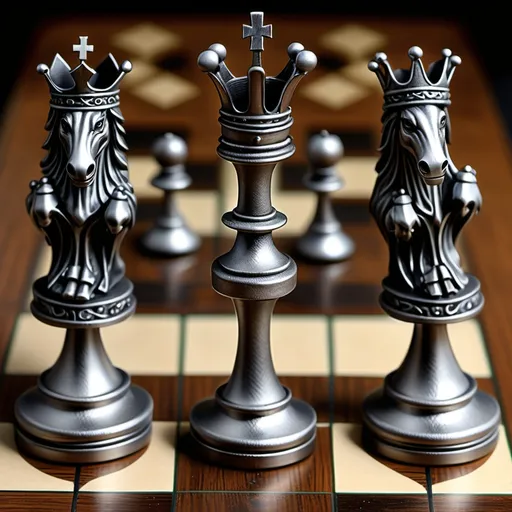 Prompt: Create a highly detailed and realistic image of a metal chessboard set up for a game. Include the King, Queen, Bishop, Rook, Knight, and Pawn, all designed in a medieval and majestic real life pieces. The board itself should be polished and made of alternating dark and light metal squares, with a high level of detail in both the pieces and the board.