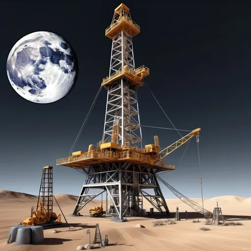 Prompt: create a realistic scene of traditional oil drilling rig on the moon the rig should have standard components such as drill pipe and support equipment all resembling a typical set up in west Texas. make it look super real and in the desert