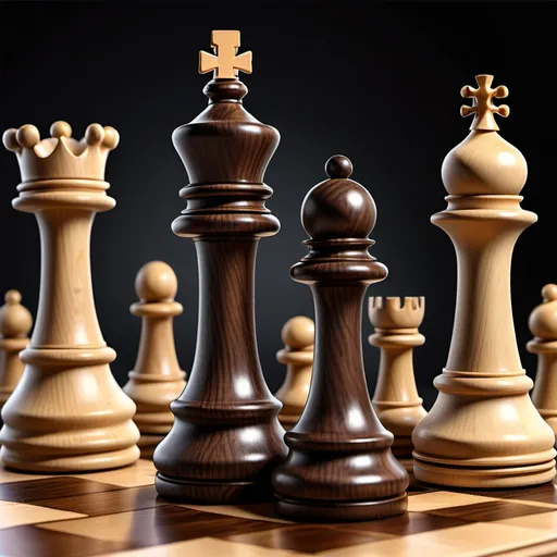 Prompt: Create a highly detailed and realistic image of a wooden chessboard set up for a game, with traditional chess pieces. Include the King, Queen, Bishop, Rook, Knight, and Pawn, all designed with intricate details. The chess pieces should look realistic, with rich textures and shadows, made from wood and metal, reflecting light. The board itself should be polished and made of alternating dark and light wood squares, with a high level of detail in both the pieces and the board. The scene should feel like a professional chess set ready for a game