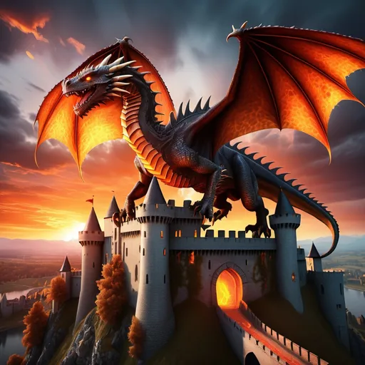 Prompt: Create a fierce dragon flying over a medieval castle during a fiery sunset, with intricate scales and glowing eyes