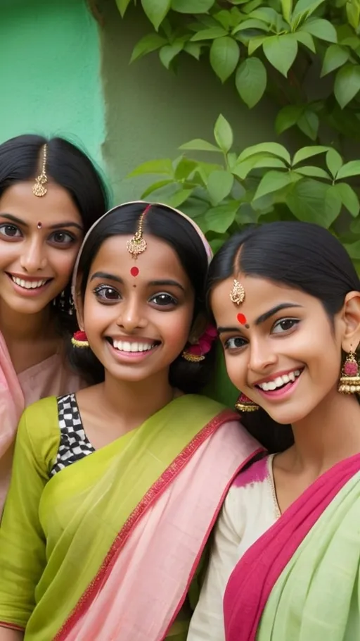 Prompt: Three young women pose playfully together, each showcasing vibrant expressions. The first, on the left, has long black hair and wears a casual, dark, checkered top, while the second, at the center, smiles widely and sticks out her tongue, dressed in a bright, lime-green kurta adorned with intricate patterns. The third, on the right, has her hair styled elegantly and sports a pastel pink dupatta over a traditional outfit, marked by a small red bindi on her forehead. They stand in front of a backdrop of green foliage and a lightly colored wall, suggesting a bright, sunny day. The lively composition and cheerful gestures reveal a moment of camaraderie and joy among friends, captured in a casual yet festive atmosphere.