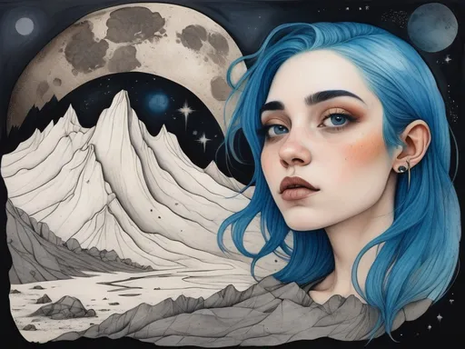 Prompt: a drawing of a woman with blue hair and a mountain on the moon, ESAO, metaphysical painting, mixed media, a storybook illustration