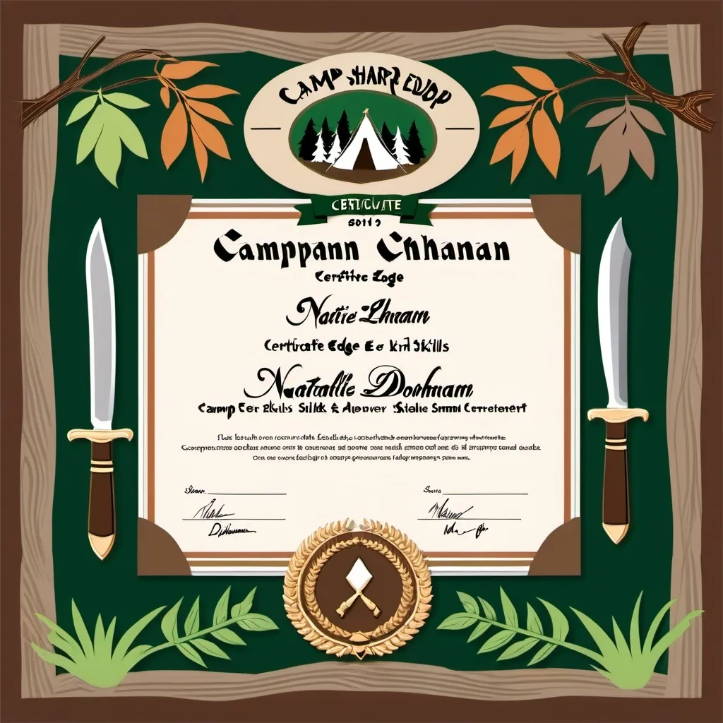 Prompt: Create a certificate template for 'Camp Sharp Edge Knife Skills Achievement'. Include decorative borders with small knife and outdoor elements. Use earthy colors like forest green and brown. Leave space for name and date. Add a small graphic of a folding knife and a fixed blade knife in opposite corners. BUT i want the name camp sharp edge and a certificate for natalie dohman and one for Lucan dohamn. include Create a certificate template for 'Camp Sharp Edge Knife Skills Achievement'. Include decorative borders with small knife and outdoor elements. Use earthy colors like forest green and brown. Leave space for name and date. Add a small graphic of a folding knife and a fixed blade knife in opposite corners.
  m