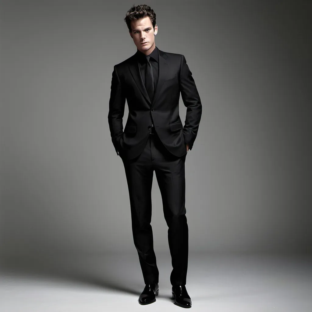 Prompt: I want this man to wear a black, tight suit with black shoes.