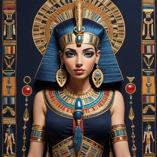 Prompt: A detailed embroidery scene of Cleopatra, the legendary queen of Ancient Egypt, shown in a regal pose. She wears a golden headdress adorned with jewels and a flowing, richly decorated gown. The embroidery features vibrant colors and intricate patterns, reflecting the opulence of the era. Behind her, an ornate Egyptian backdrop with hieroglyphics and iconic symbols like the ankh and scarab beetle. The texture of the embroidery threads creates a tactile, luxurious feel, bringing the ancient world to life with a modern artistic touch