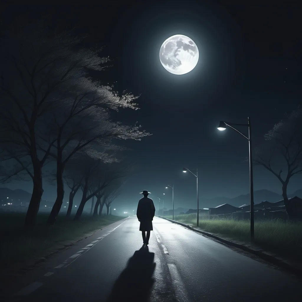 Prompt: A man  walking in a full moon dark night on a road , alone , with animations of breeze and street lights Korean style