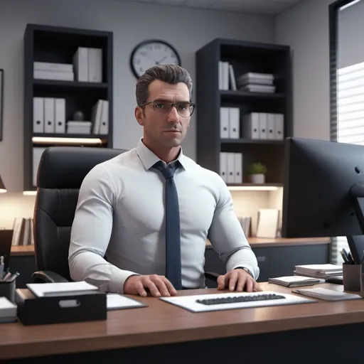 Prompt: A front picture of a man sitting behind it's desk in an organised and sophisticated office. 8k 3d animated style.