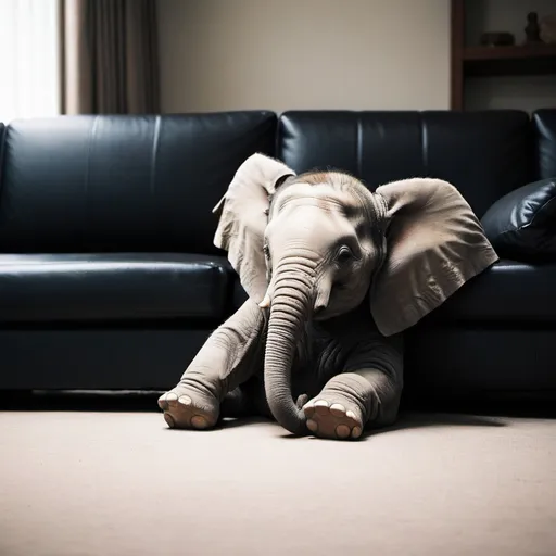 Prompt: /imagine a anime photo where a baby elephant is lying in right corner of a black couch