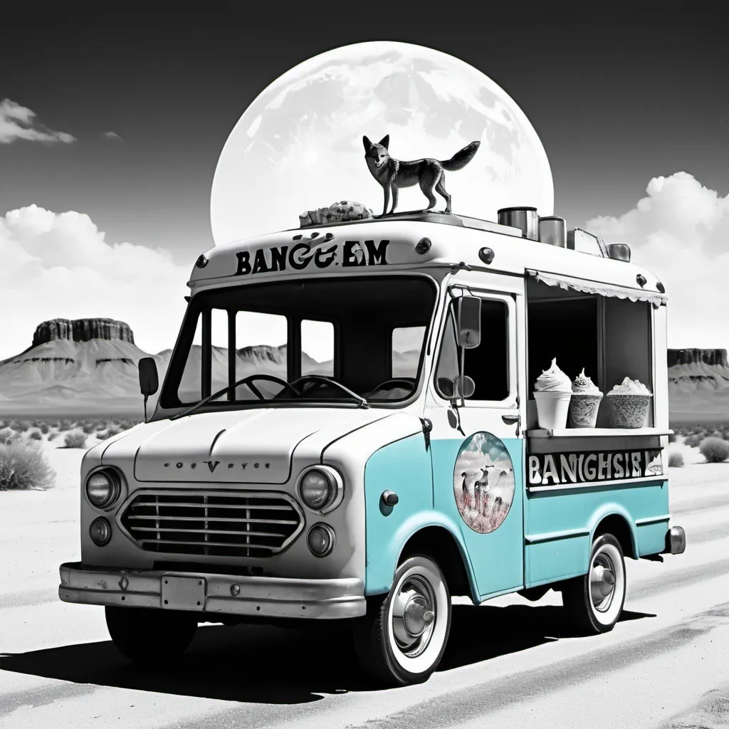 Prompt: a lone coyote with colorful bangles driving a vintage ice cream truck adorned with colorful bangles, under the vast desert sky and texture of image will be black and white and anime