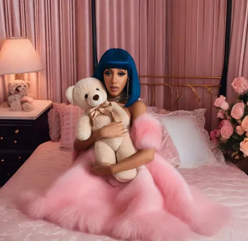 Prompt: cardi b dressed as melanie martinez huggig her teddy bear laying in bed