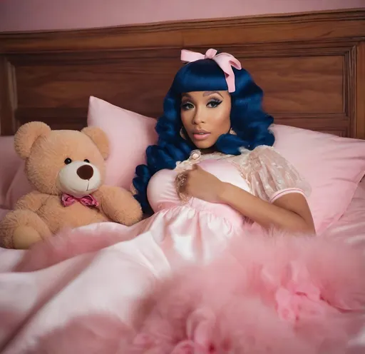 Prompt: nicki minaj dressed as melanie martinez huggig her teddy bear laying in bed