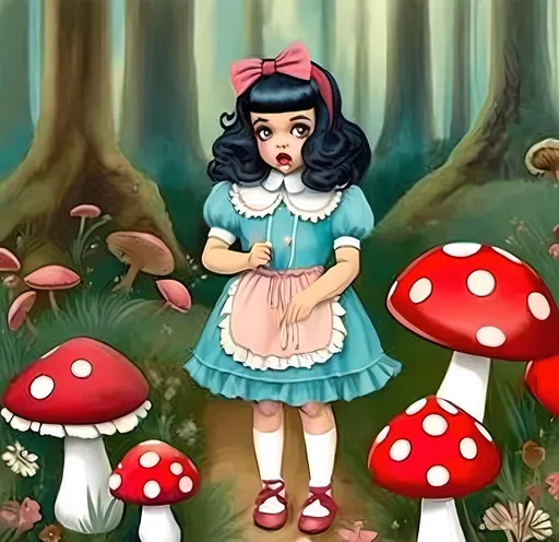 Prompt:  Melanie Martinez art girl in the forest with red huge musllrooms and water