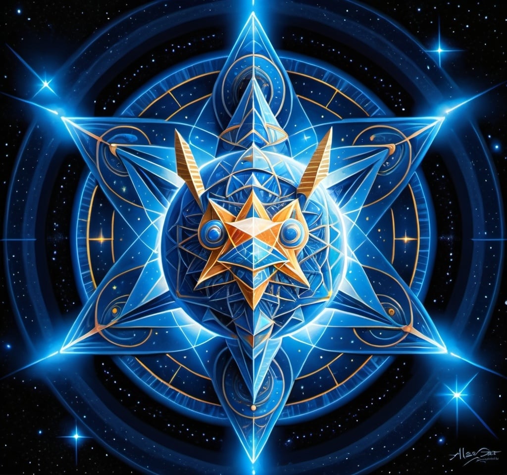 Prompt: A beautiful bright blue light merkaba spaceship on earth in an artistic rendering in the style of Alex gray.