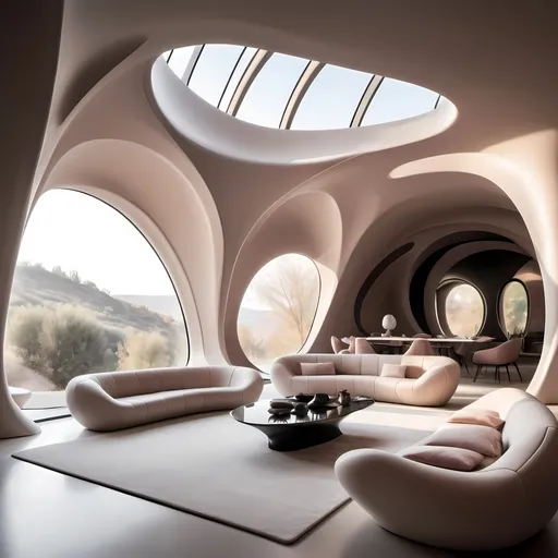 Prompt: a photo of a modern parametric villa inside bohemian soft cave ,brilliance of Zaha Hadid's , interior with high ceilings and puffy furniture, soft warm colors, bright interior, sunlight beams,

