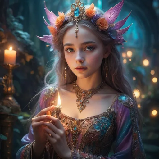 Prompt: Young girl in a fantasy setting, petite body, magical elements, ethereal atmosphere, vibrant and mystical color palette, whimsical fantasy style, detailed facial features, glowing magical effects, flowing and ornate fantasy attire, high quality, fantasy, ethereal, magical elements, whimsical, vibrant colors, detailed facial features, glowing effects, ornate attire, atmospheric lighting