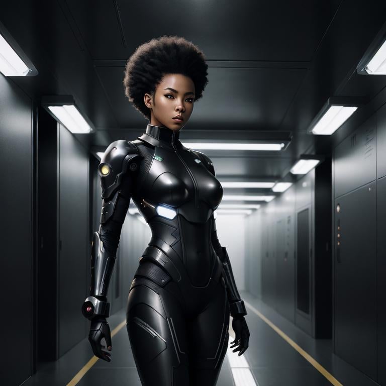 Prompt: Create a high-resolution, detailed digital painting of a young female Afro-Asian cyborg ninja set in a futuristic science fiction environment. She is aboard a sleek and advanced starship, standing confidently in a dimly lit corridor. Her attire is form-fitting, designed exclusively in various shades of black, such as matte black, sparkling black, and jet black, which blend traditional ninja elements with futuristic, cybernetic enhancements. These shades should create a nuanced, monochromatic look that emphasizes the outfit's texture and the character's silhouette against the ambient lighting. Visible cybernetic enhancements include glowing eyes and mechanical limbs, highlighting her human and cybernetic nature. This scene captures a sense of mystery and power, with detailed hair, realistic facial features, and professional detail in the eyes, fabric texture, and ambient starship lighting. Ensure no color palette appears in the image.