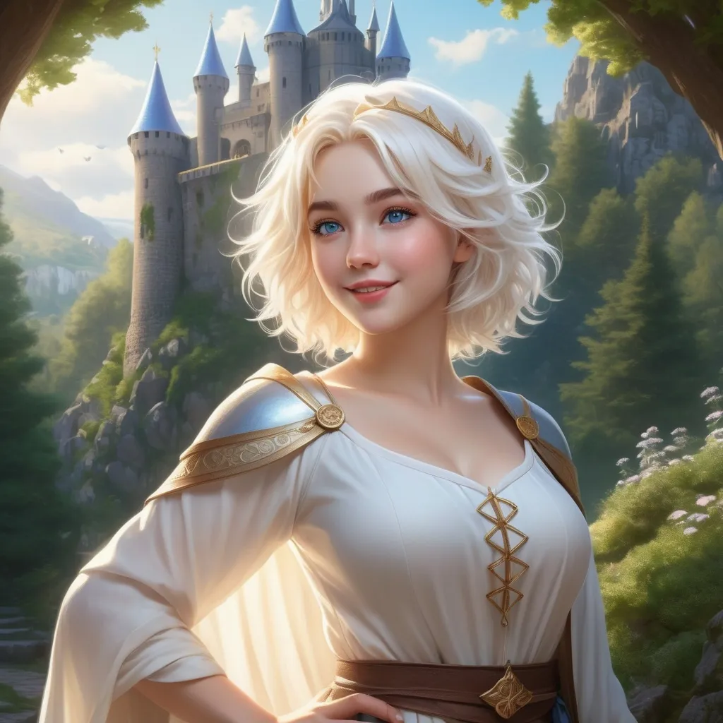 Prompt: Hyper realistic Anime illustration of a curvy  magical wizard woman, short Messy hair, bright white blonde hair, cute and friendly smile, blue eyes, standing tall in a mystical forest, dimples and freckles, shy, innocent, angelic aura, medieval castle in the background, highres, ultra-detailed, anime, fantasy, magical, mystical forest, cute and friendly, detailed eyes, shy and innocent, angelic aura, medieval castle, atmospheric lighting