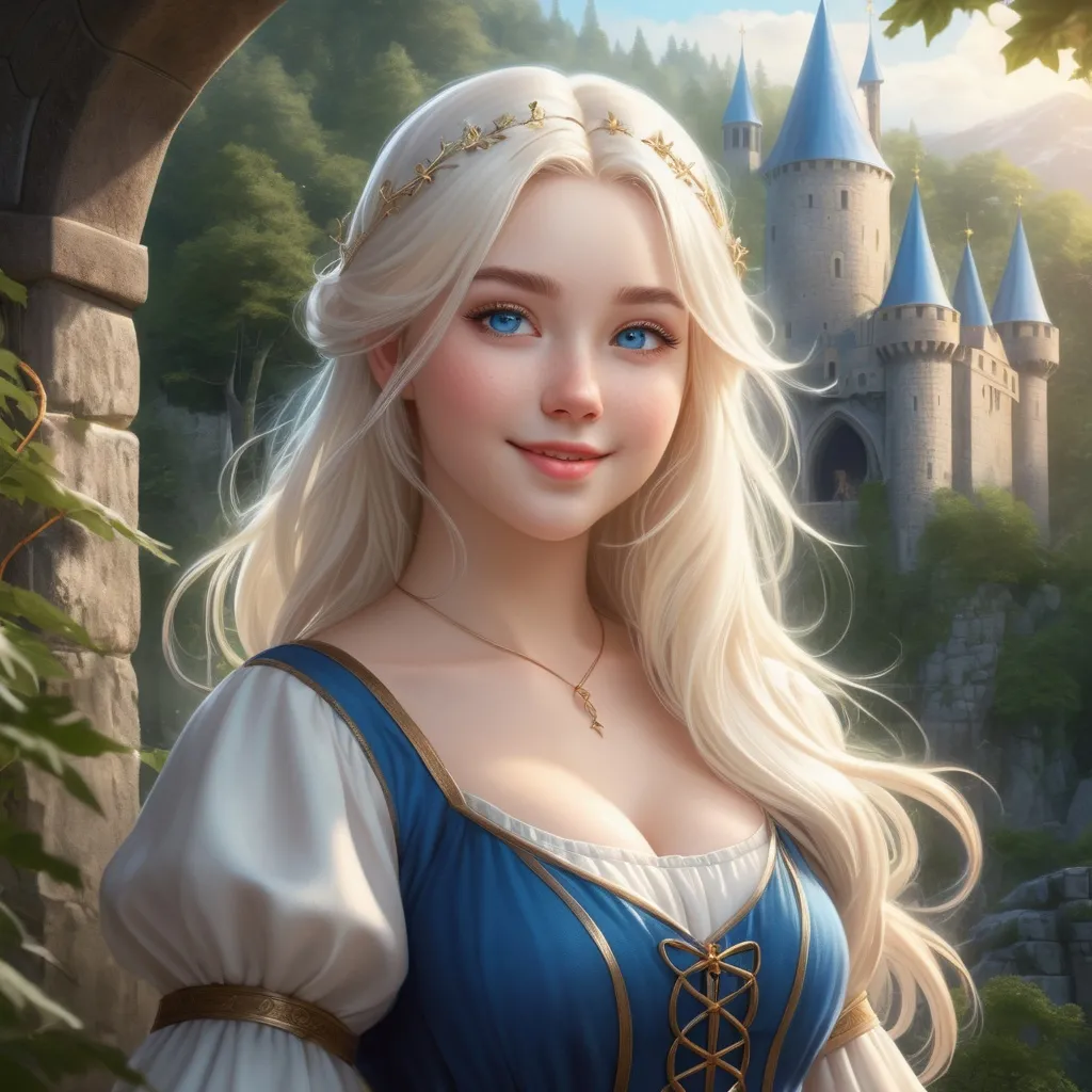 Prompt: Hyper realistic Anime illustration of a curvy young magical wizard girl, bright white blonde hair, cute and friendly smile, blue eyes, standing tall in a mystical forest, dimples and freckles, shy, innocent, angelic aura, medieval castle in the background, highres, ultra-detailed, anime, fantasy, magical, mystical forest, cute and friendly, detailed eyes, shy and innocent, angelic aura, medieval castle, atmospheric lighting