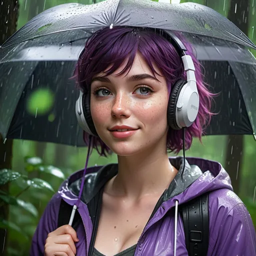 Prompt: Breathtakingly cute girl.with a curvy body, friendly and happy expression, pale freckles skin , purple hair, freckles, dimples, short messy hair, heavy rain, in forest, highres, ultra-detailed, realistic, cute, ultra detailed, purple hair, freckles. Wearing headphones. Listening to heavy metal music, pouring rain, umbrella, wet, soft lighting