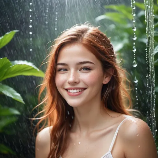 Prompt: Imagine a scene where the essence of summer is captured in a single, electrifying moment: a young girl, whose beauty transcends the mundane, stands amidst a gentle summer rain. Her hair, a vibrant shade of ruby, short and playfully unkempt, clings to her face and shoulders, soaked by the rain. Each raindrop traces a path down her skin, a testament to the purity and freshness of the moment. Freckles dot her cheeks like a constellation, and her dimples carve deep into her cheeks as she smiles, a smile so radiant it seems to rival the sun itself. This image of joy and serenity, set against the backdrop of a warm summer shower, captures a moment of blissful happiness, untouched and unfettered by the world around her. Her eyes sparkle with delight, and her presence is a vivid reminder of the beauty found in simplicity and the pure joy of living in the moment.