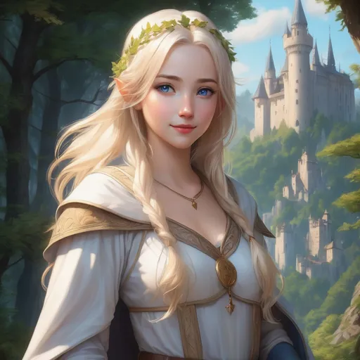 Prompt: Hyper realistic Anime illustration of a curvy young magical wizard girl, bright white blonde hair, cute and friendly smile, blue eyes, standing tall in a mystical forest, dimples and freckles, shy, innocent, angelic aura, medieval castle in the background, highres, ultra-detailed, anime, fantasy, magical, mystical forest, cute and friendly, detailed eyes, shy and innocent, angelic aura, medieval castle, atmospheric lighting